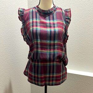 LOFT Red Black Ruffled Sleeveless Blouse